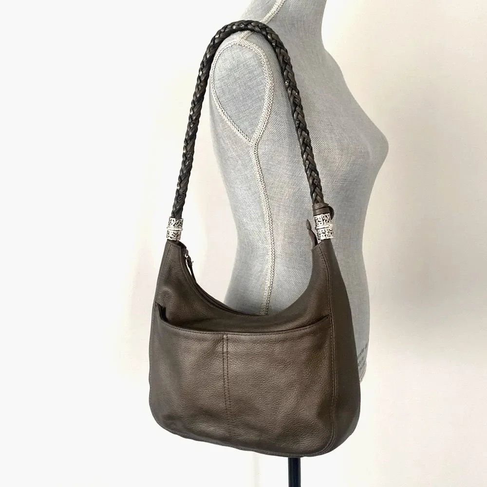 BRIGHTON Metallic Taupe leather shoulder bag braided handle heat charms Medium